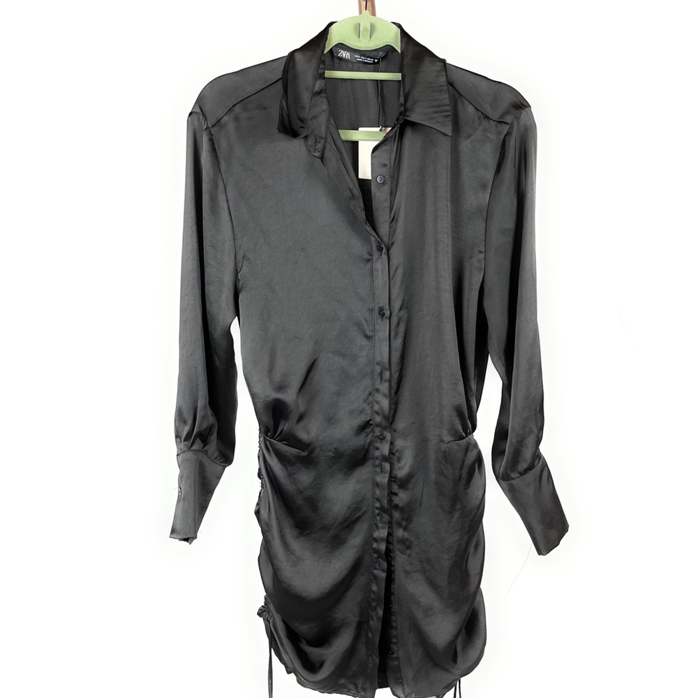 Zara Black Dress Ruched Sides Long Sleeves Size Small LBD Silky Buttonfront